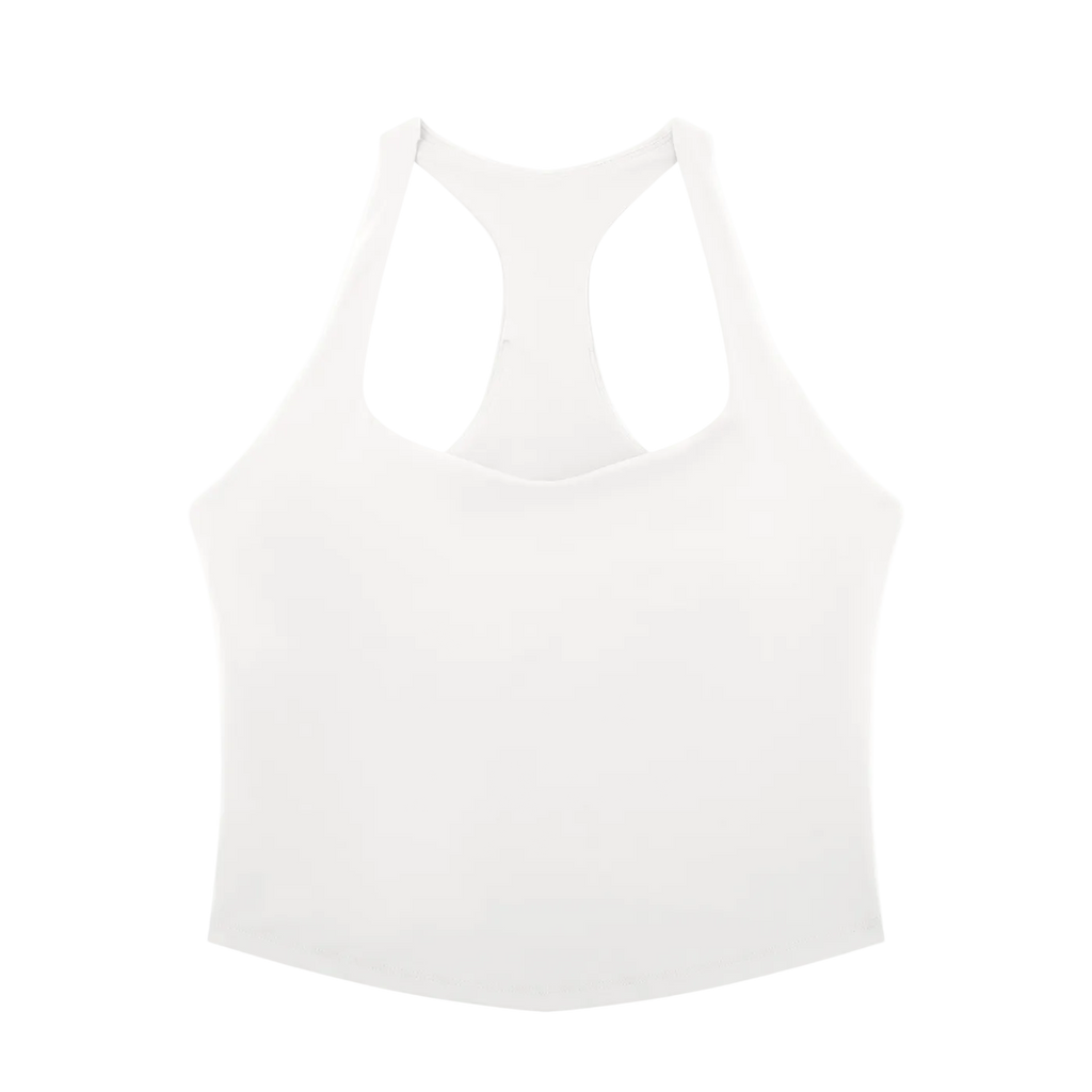 A white racerback tank top with a scoop neck and double shoulder straps, shown from the back on a solid white background.
