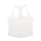 A white racerback tank top with a scoop neck and double shoulder straps, shown from the back on a solid white background.