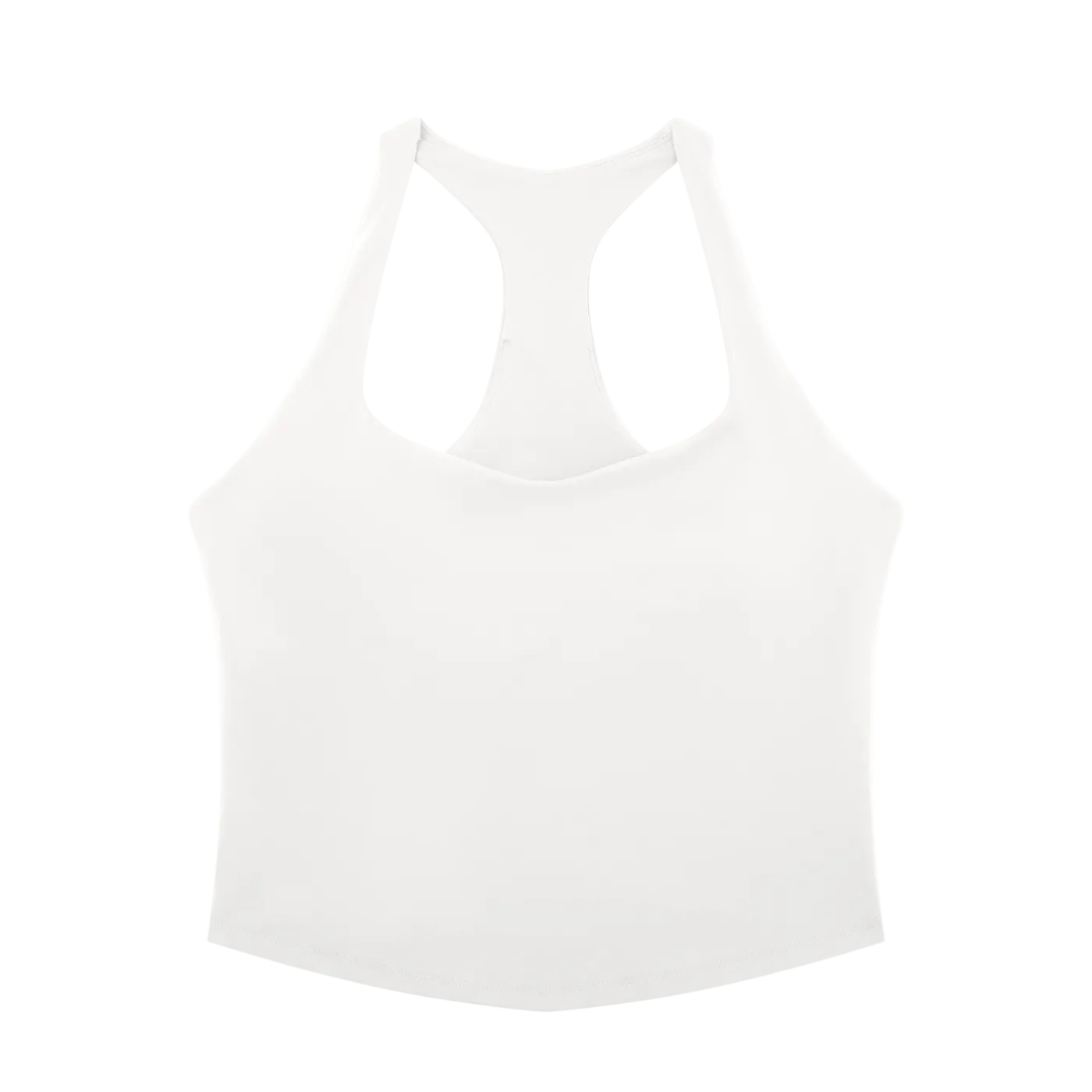 A white racerback tank top with a scoop neck and double shoulder straps, shown from the back on a solid white background.