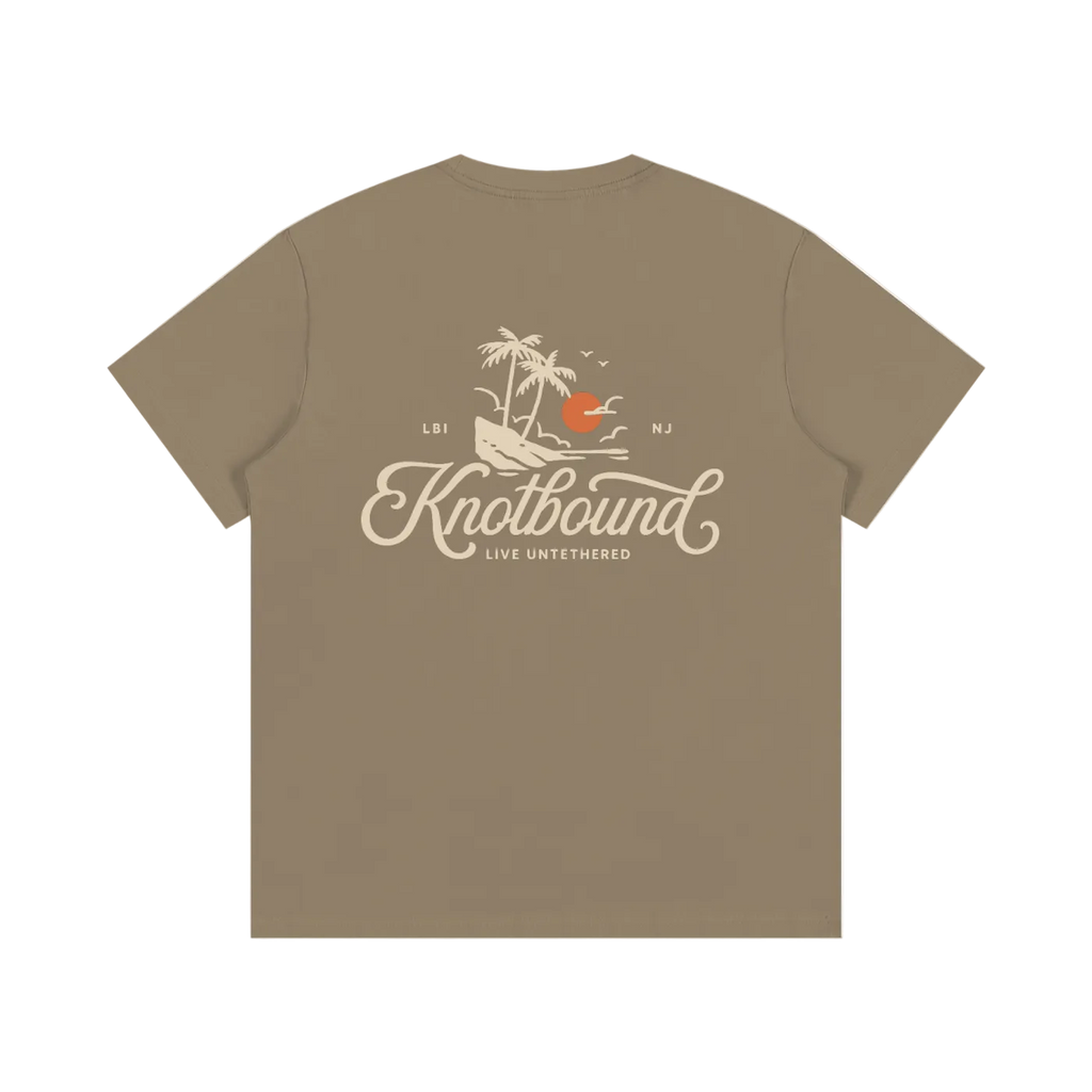 Brown t-shirt with 'Knotbound' logo and design on the back against a white background