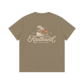Brown t-shirt with 'Knotbound' logo and design on the back against a white background
