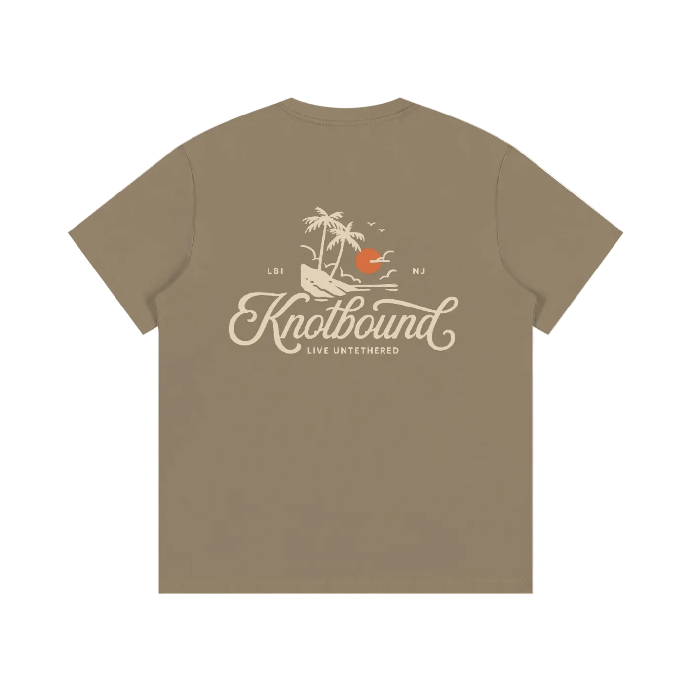 Brown t-shirt with 'Knotbound' logo and design on the back against a white background