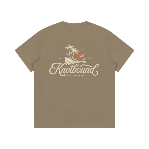 Brown t-shirt with 'Knotbound' logo and design on the back against a white background