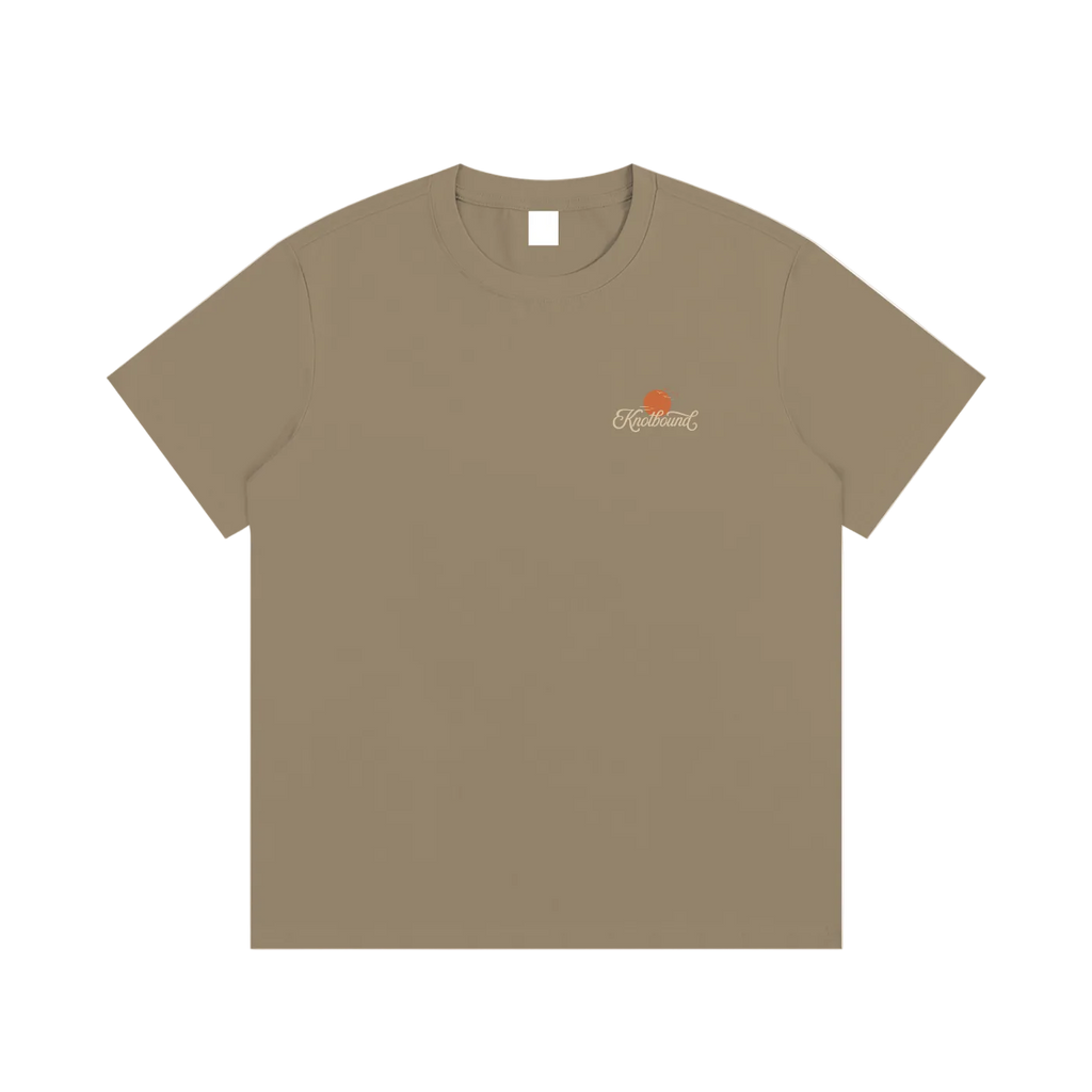 Beige t-shirt with a small logo on a white background