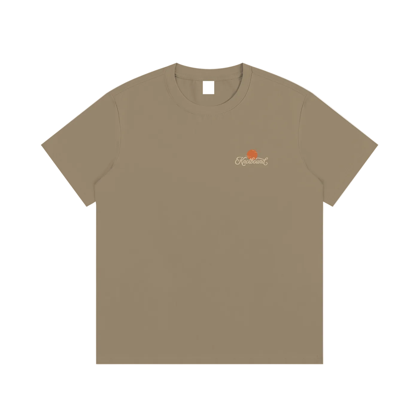 Beige t-shirt with a small logo on a white background