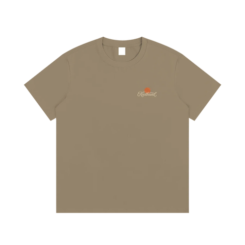 Beige t-shirt with a small logo on a white background