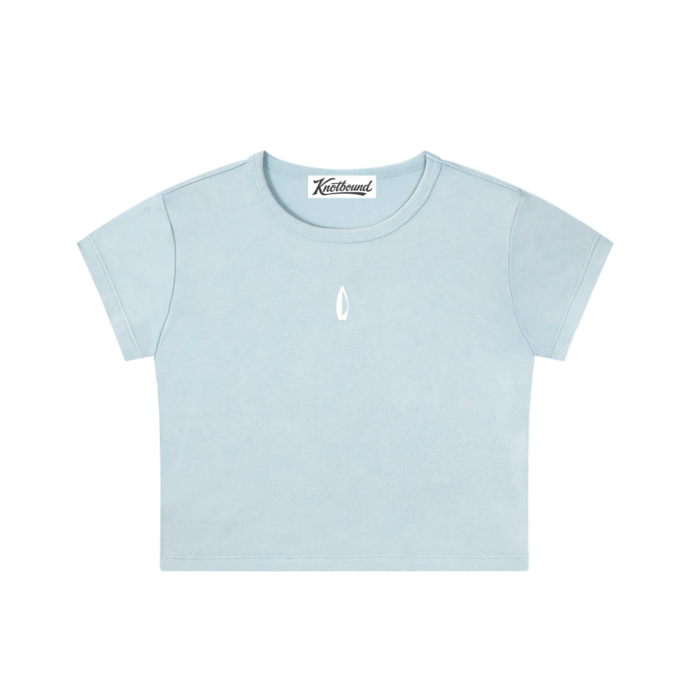 A light blue short-sleeve crop top t-shirt with a small white teardrop logo on the center chest, displayed flat against a solid white background.