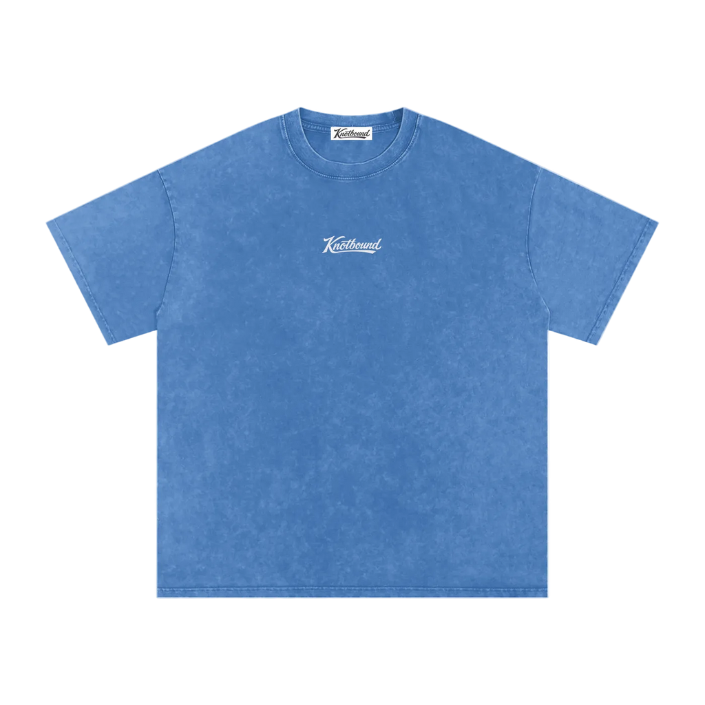 Blue t-shirt with a white logo on a white background