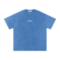 Blue t-shirt with a white logo on a white background