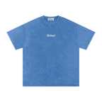 Blue t-shirt with a white logo on a white background