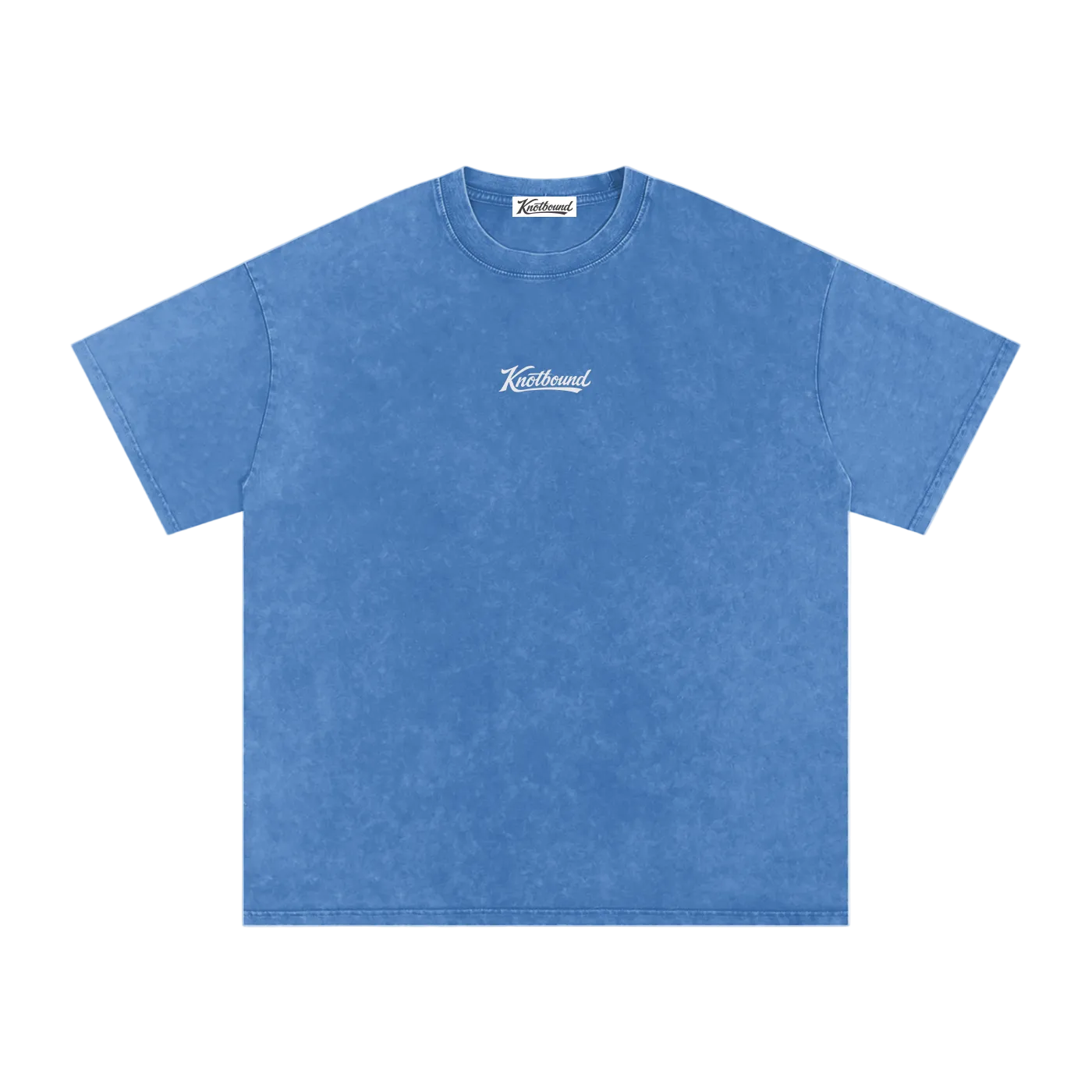 Blue t-shirt with a white logo on a white background