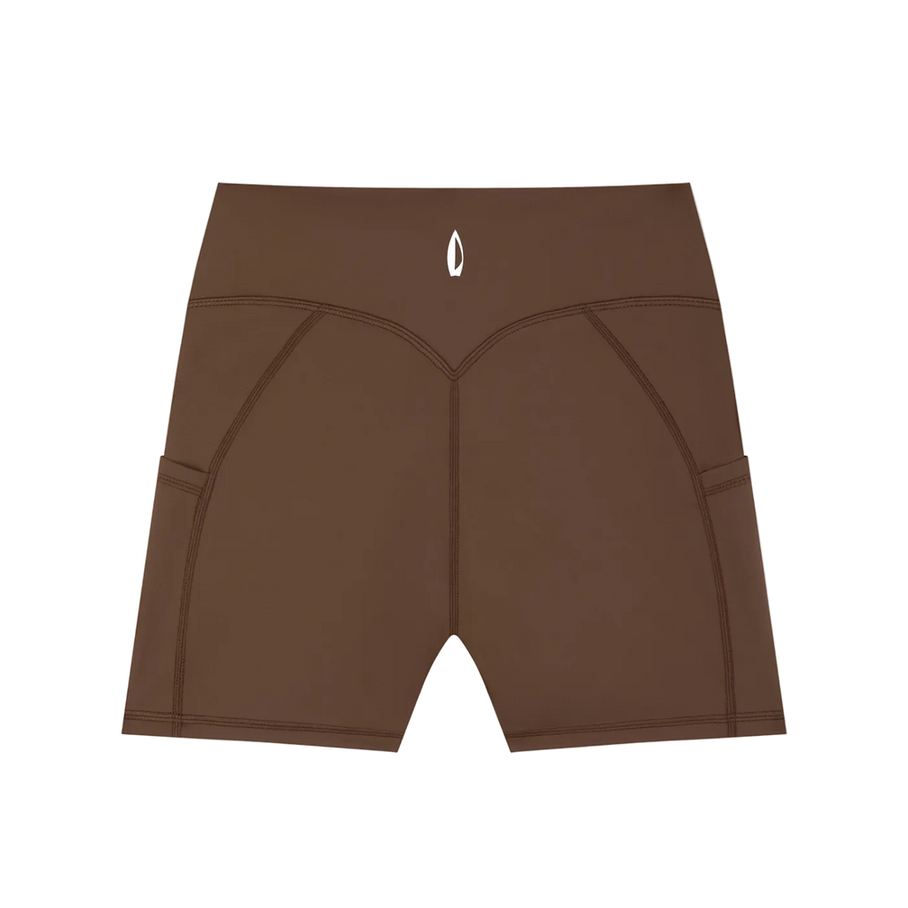 Brown athletic shorts with a brand logo on a white background