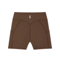 Brown athletic shorts with a brand logo on a white background