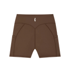 Brown athletic shorts with a brand logo on a white background