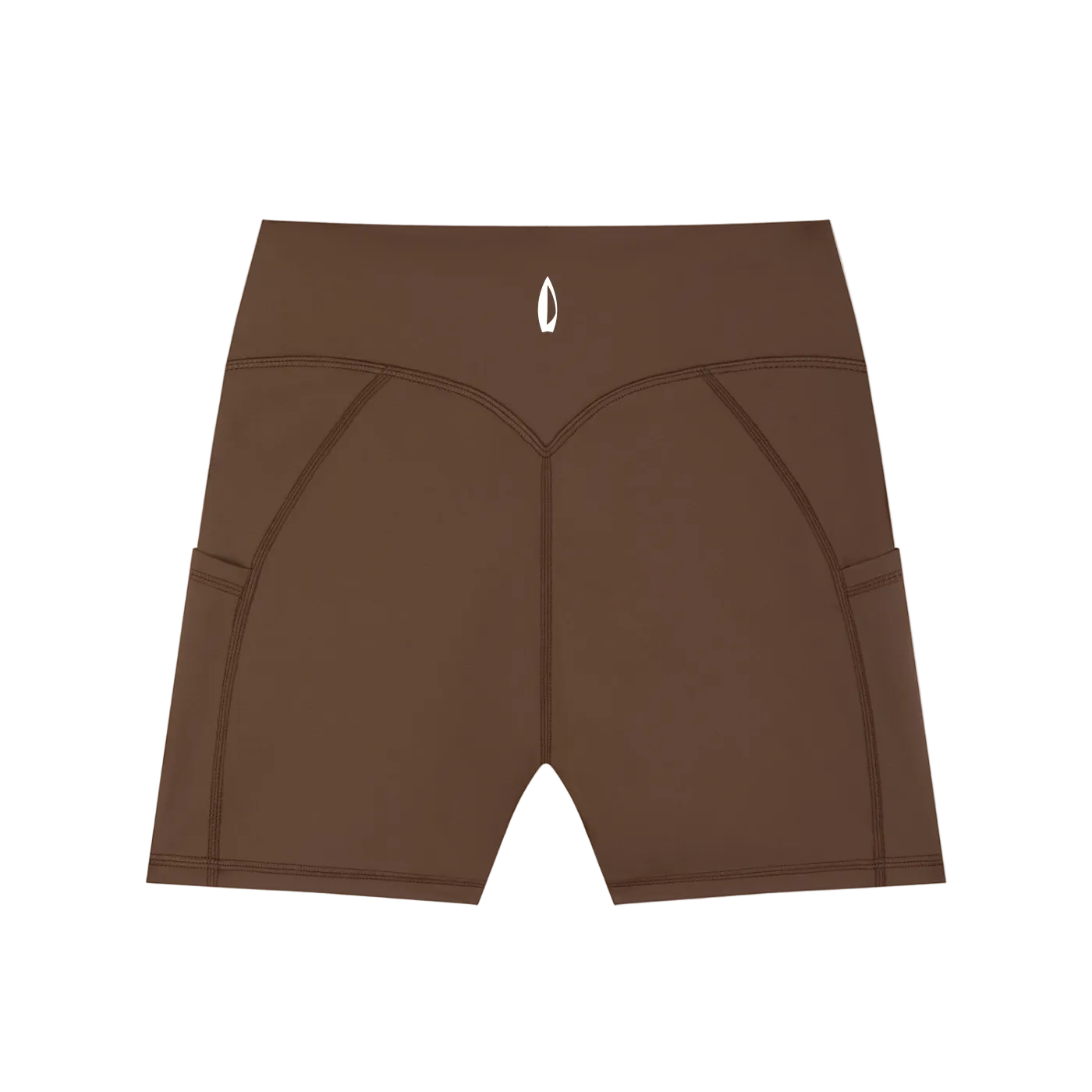 Brown athletic shorts with a brand logo on a white background