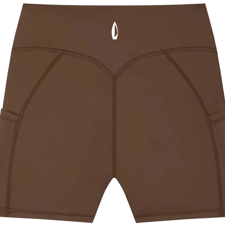 A pair of brown high-waisted compression shorts with side pockets and a small white logo at the center waistband, shown against a plain white background.