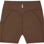 A pair of brown high-waisted compression shorts with side pockets and a small white logo at the center waistband, shown against a plain white background.