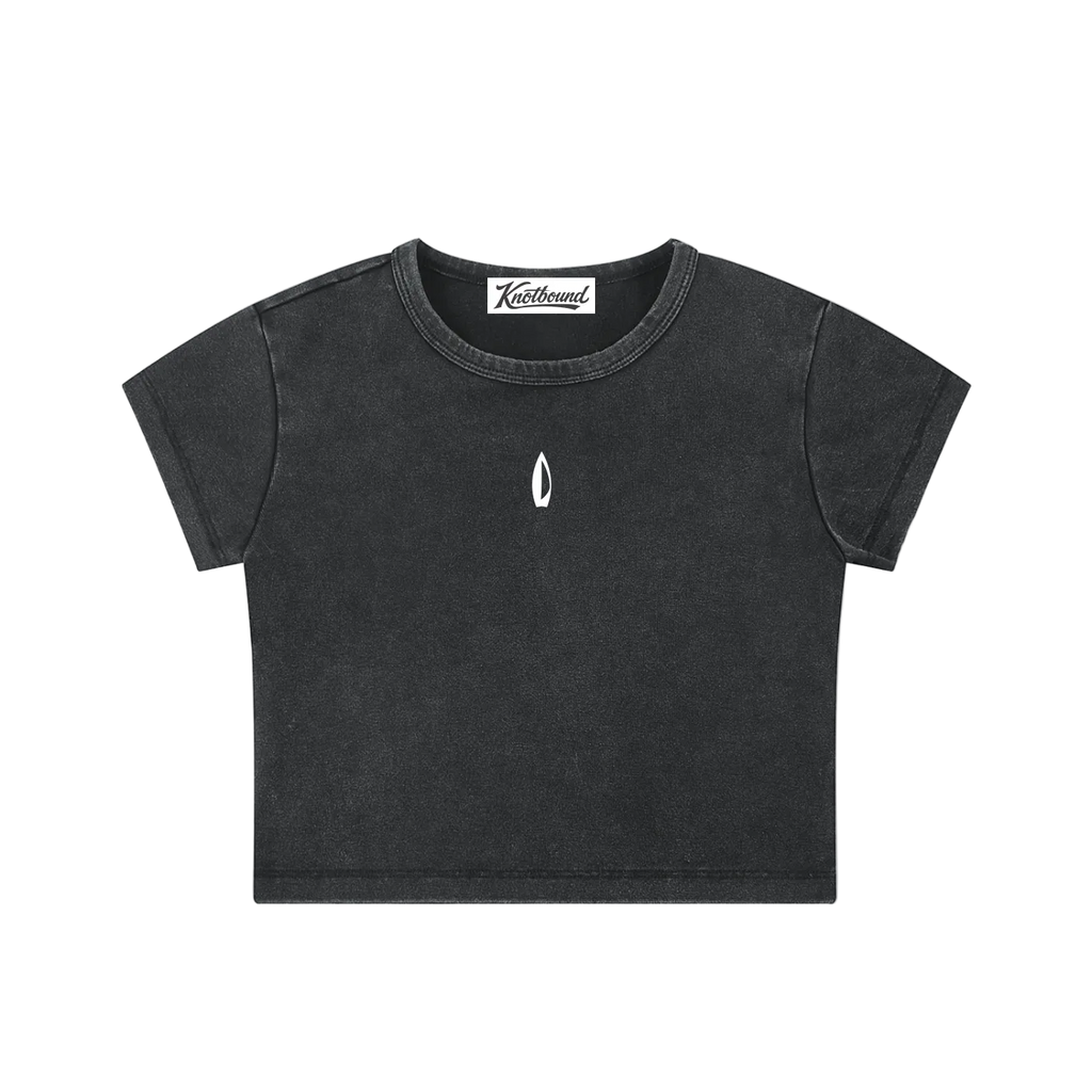 Black snow washed crop top, front view.
