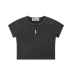 Black snow washed crop top, front view.