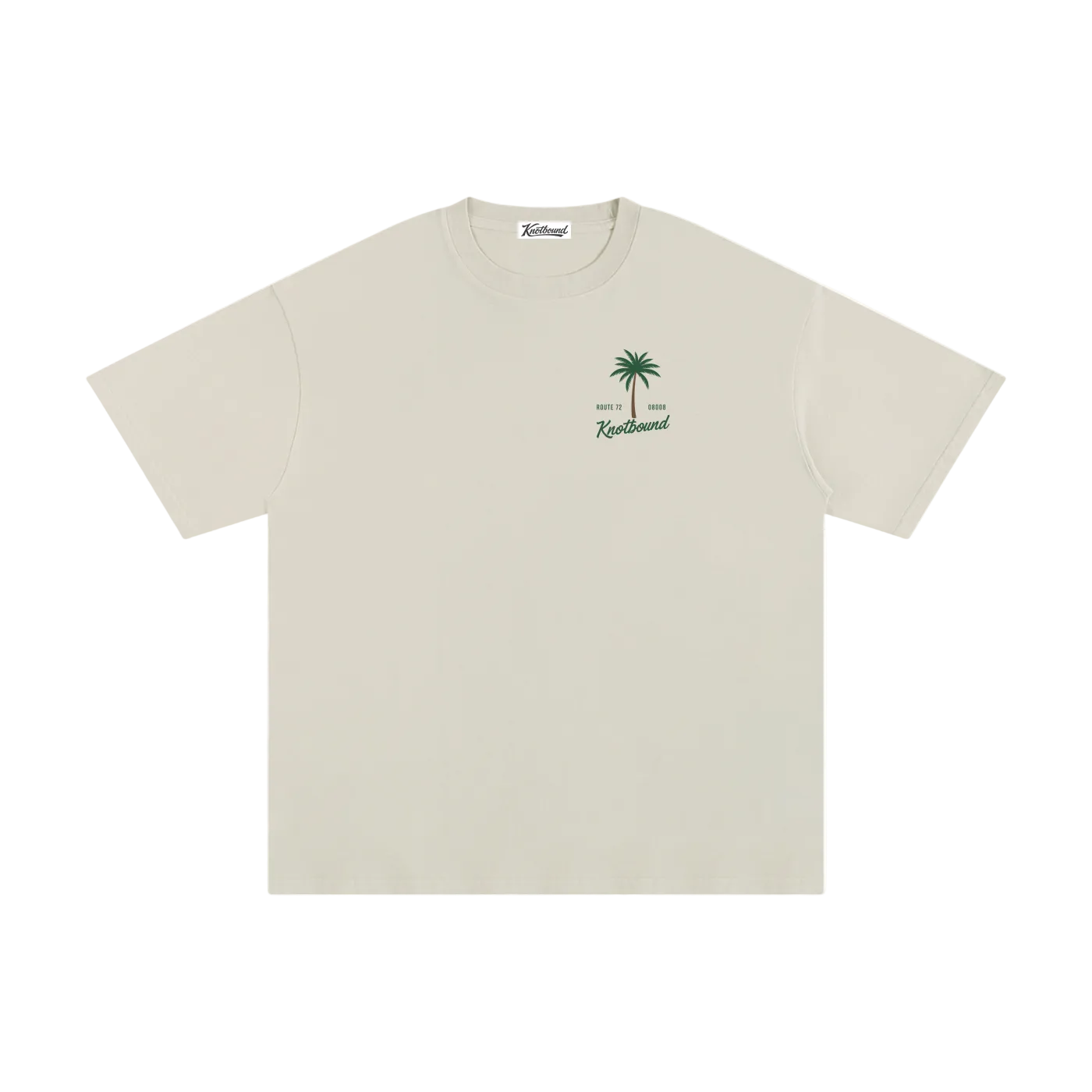Beige t-shirt with palm tree design and text on a white background