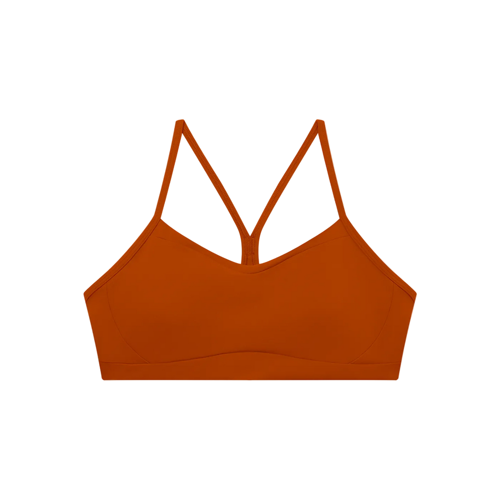 Brown bikini top with thin straps on a white background