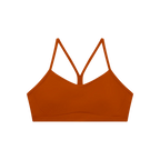Brown bikini top with thin straps on a white background