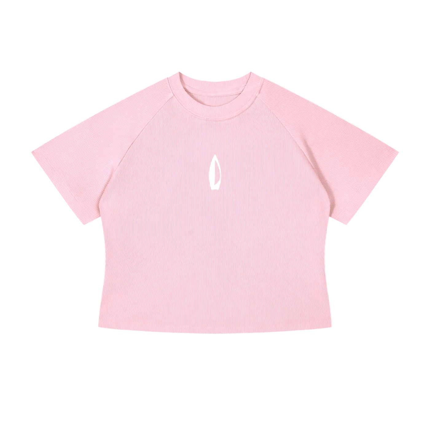 A light pink short-sleeve crop top with raglan sleeves and a small white flame-like logo on the center chest, displayed flat against a solid white background.