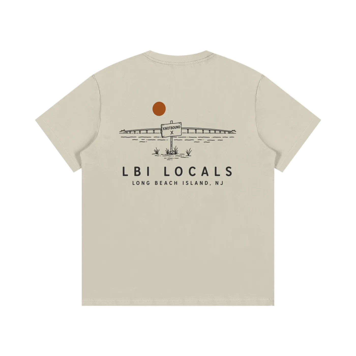 A beige short-sleeve t-shirt shown from the back, featuring a black line art graphic of a seaplane at a lighthouse with an orange sun and the text 'LBI LOCALS' and 'LONG BEACH ISLAND, NJ'.