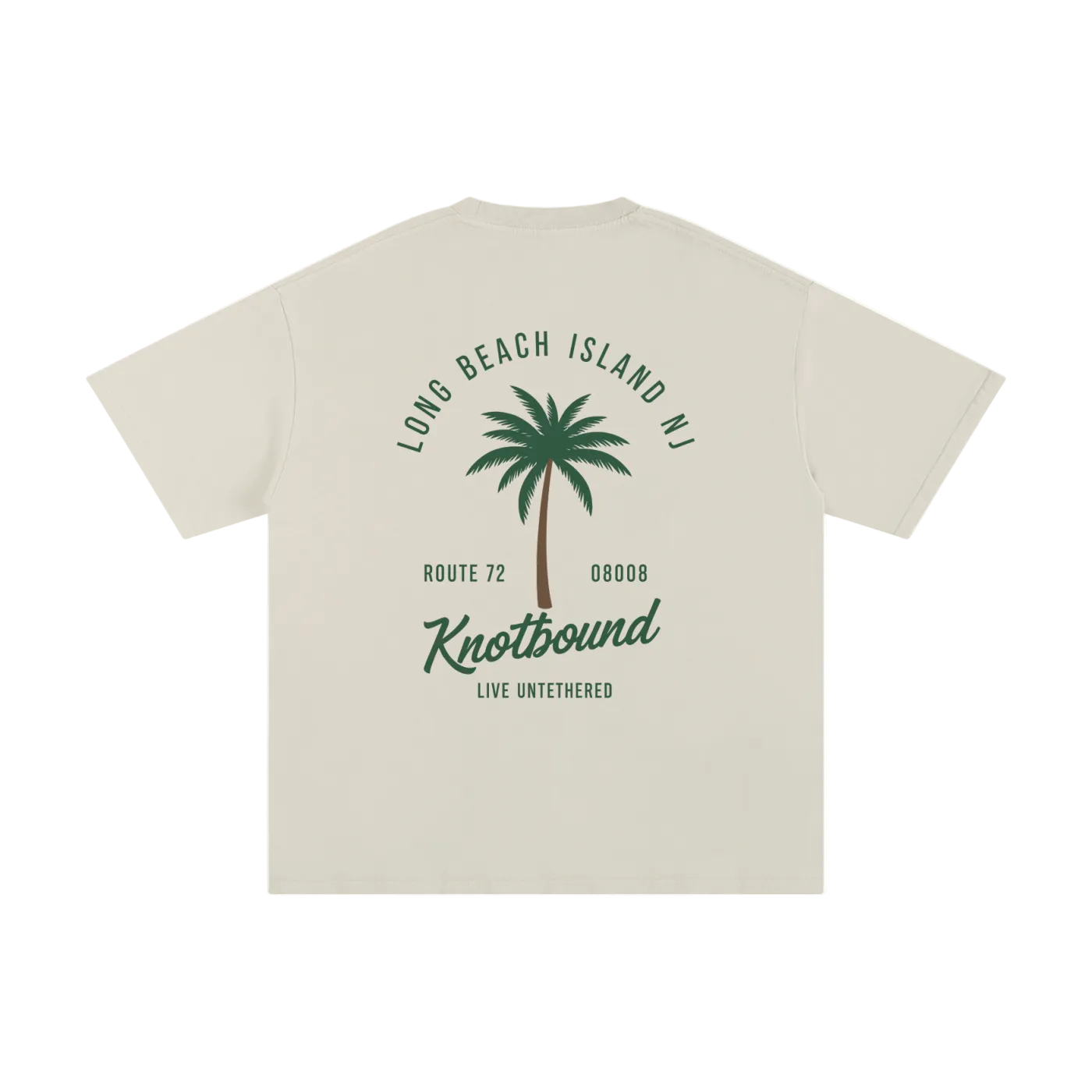 Beige t-shirt with palm tree design and text on a white background