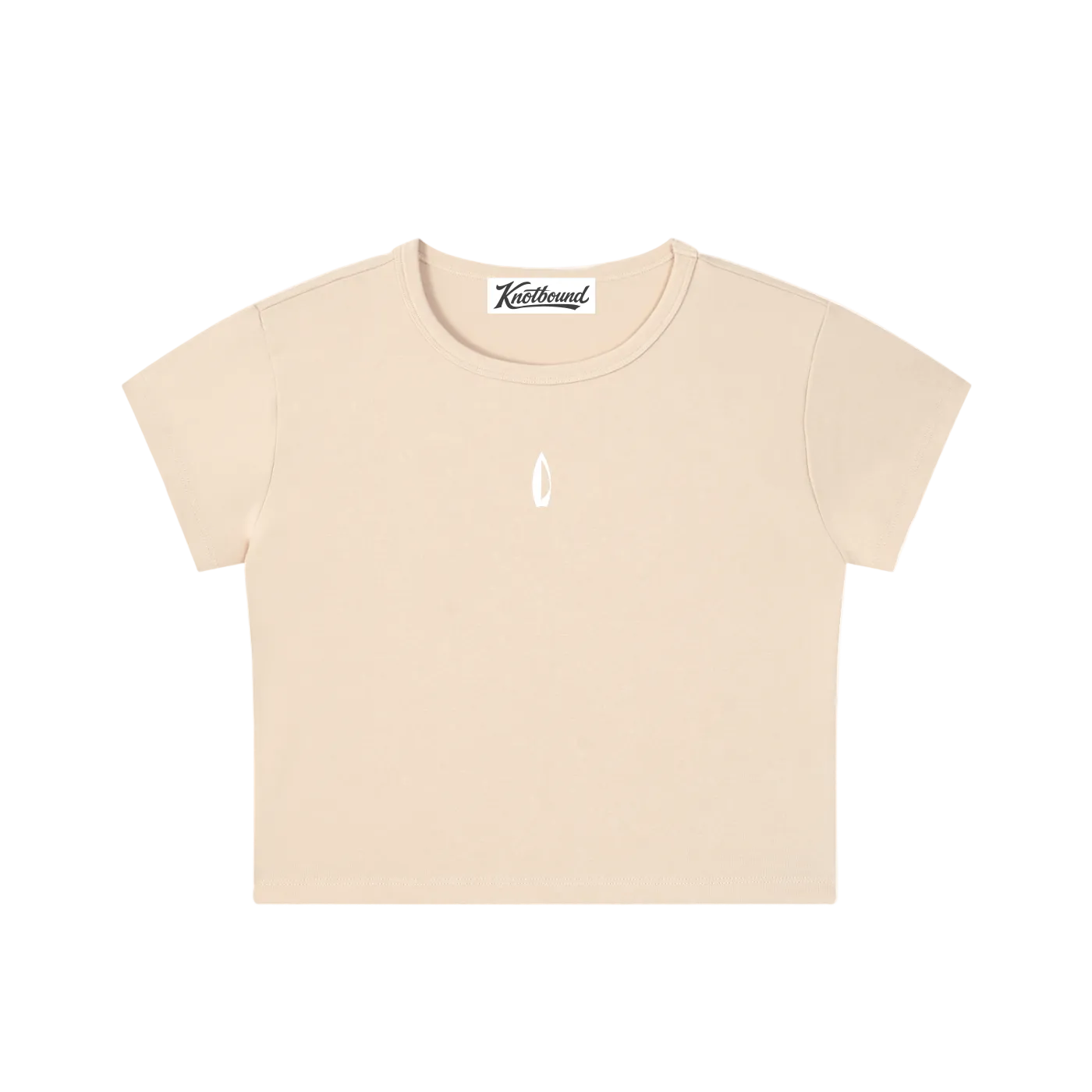 A light beige short-sleeve crop top t-shirt with a small white teardrop logo on the center chest, displayed flat against a solid white background.