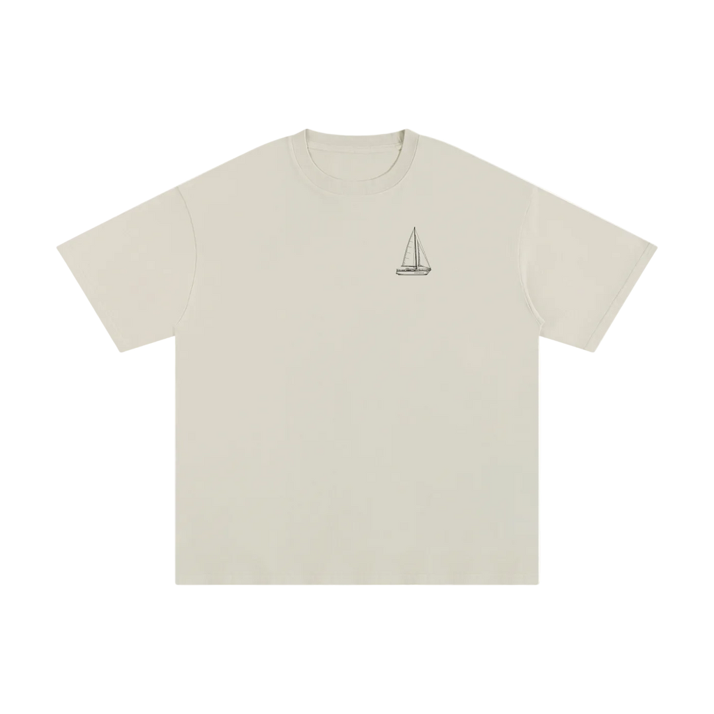 Beige t-shirt with a small graphic on a white background