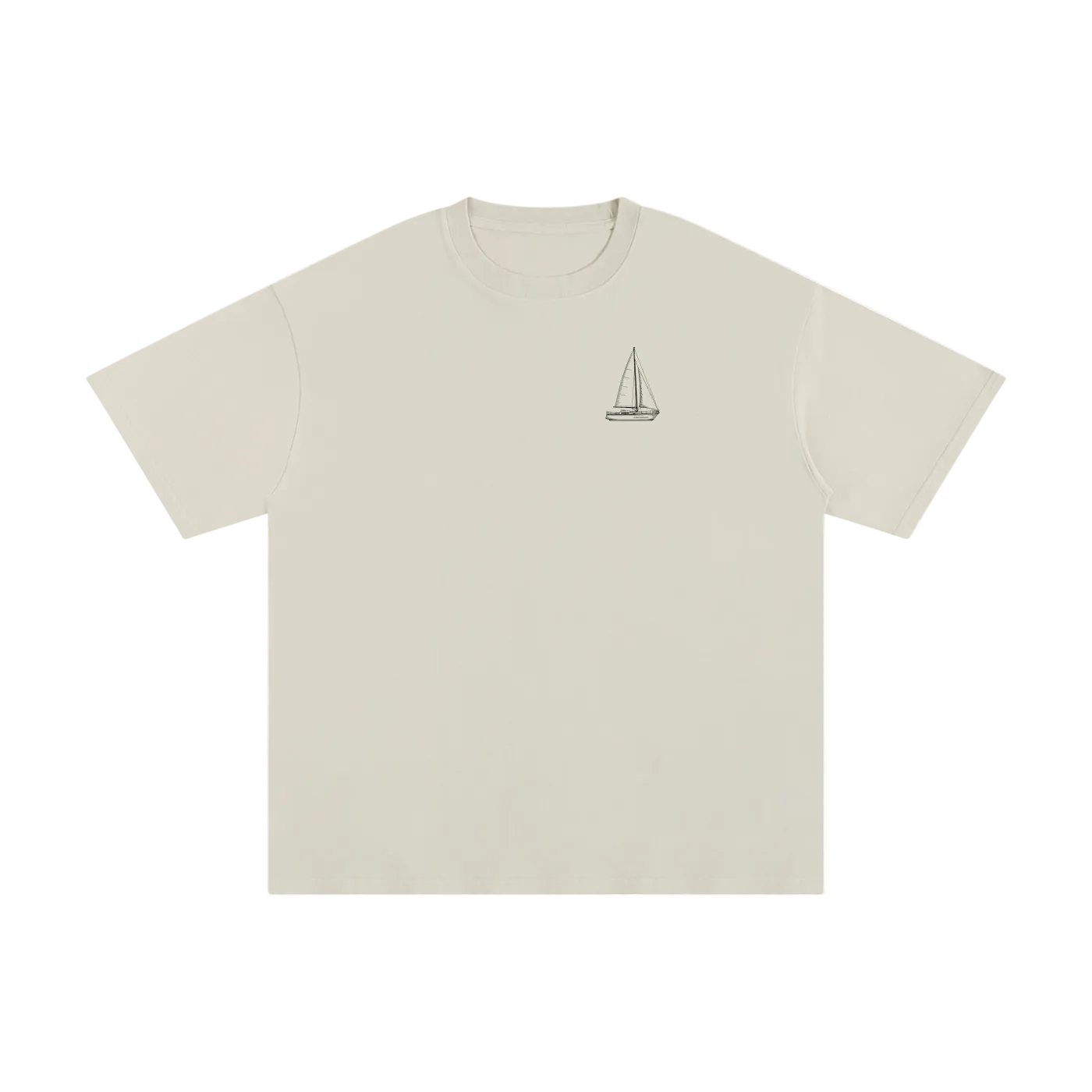 Beige t-shirt with a small graphic on a white background