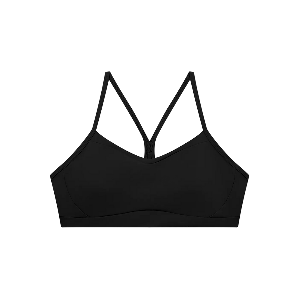Black sports bra with thin straps on a white background