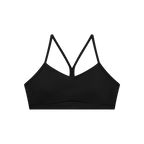 Black sports bra with thin straps on a white background