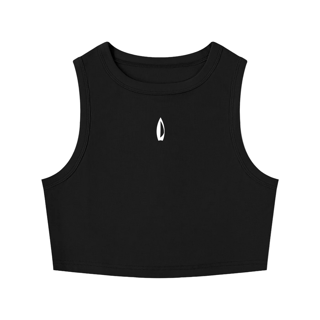 Black cropped crewneck tank top, shown flat against a white background.