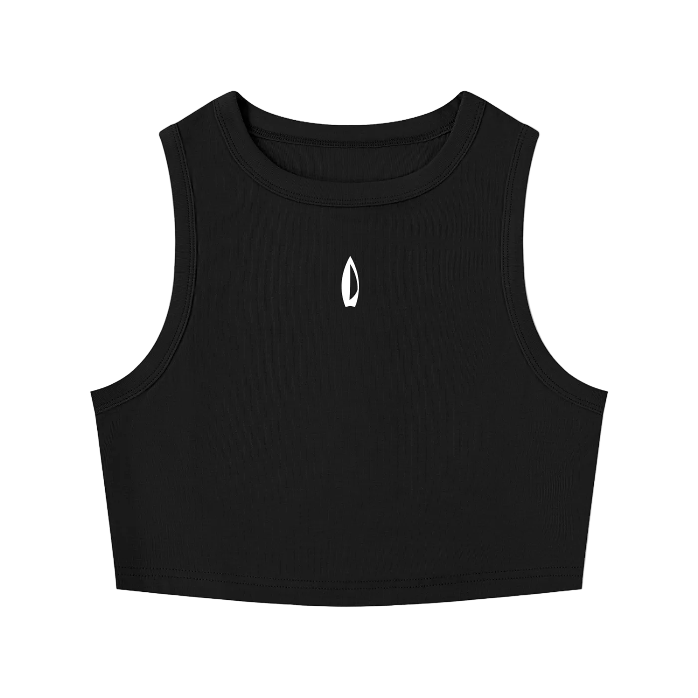 Black cropped crewneck tank top, shown flat against a white background.