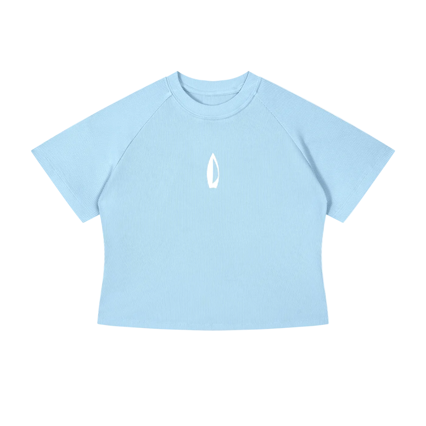 A light blue short-sleeve crop top t-shirt with raglan sleeves and a small white flame logo on the center chest, displayed on a solid white background.