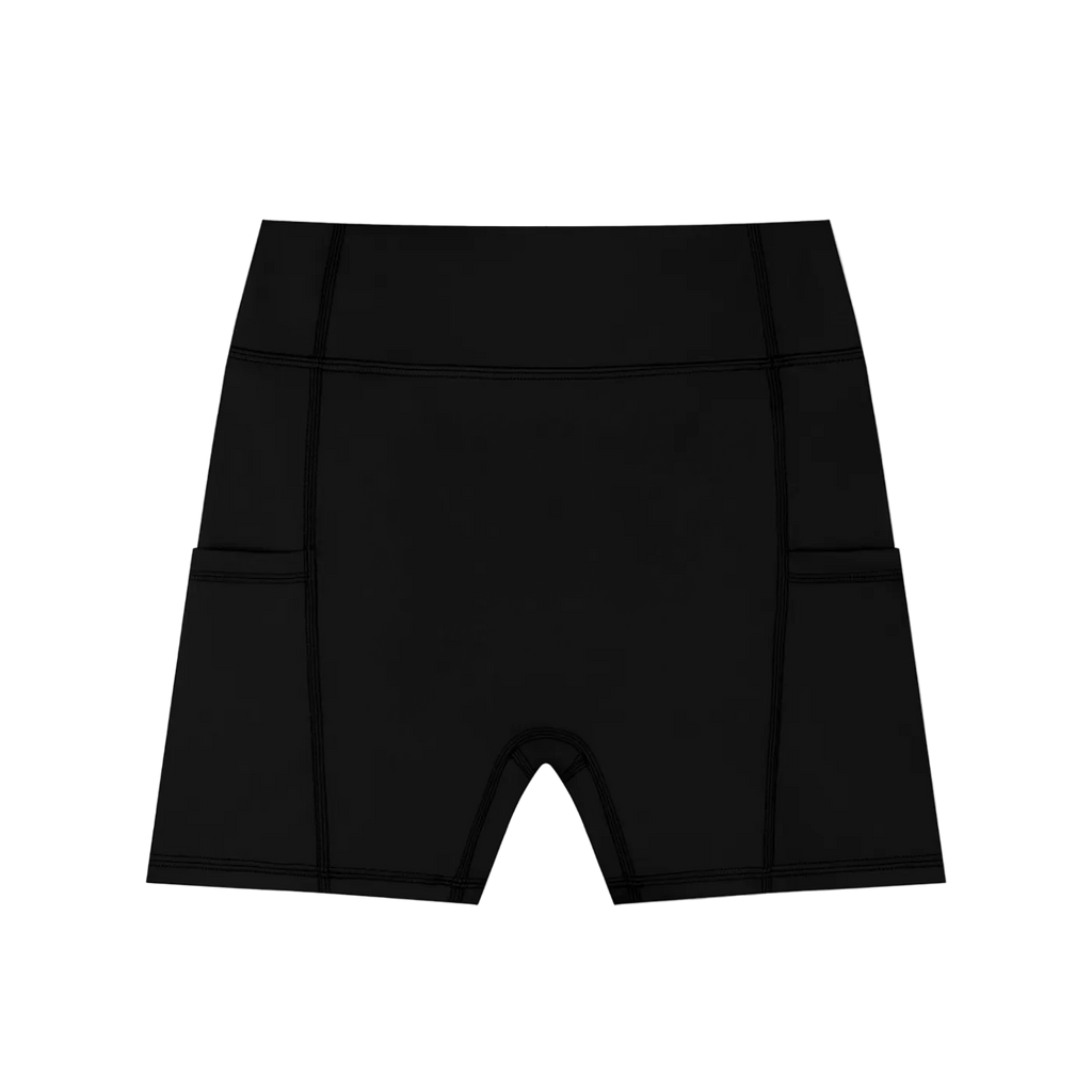 Black athletic shorts with a brand logo on a white background