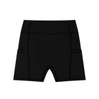 Black athletic shorts with a brand logo on a white background