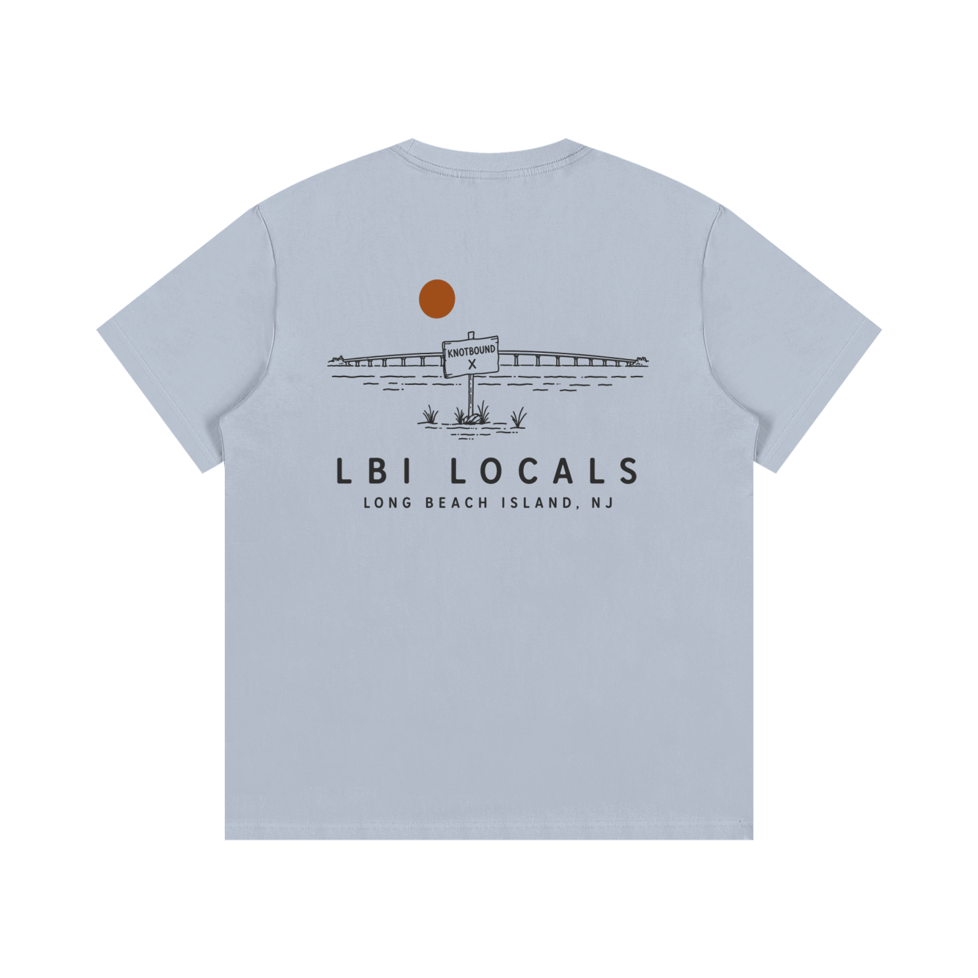 A light blue short-sleeve t-shirt shown from the back, featuring a black graphic of a bridge, boats, and a sun, with the text 'LBI LOCALS' and 'LONG BEACH ISLAND, NJ' printed below.
