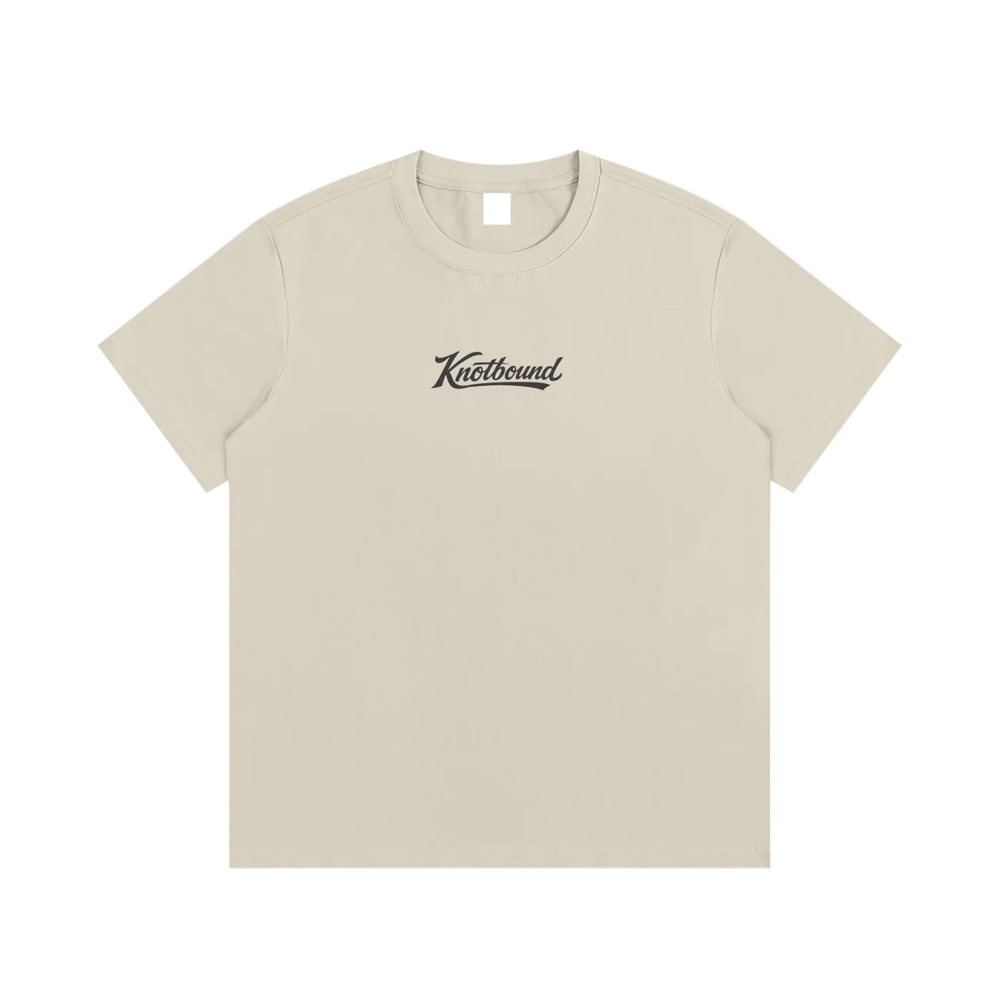 Front view of the LBI Locals x Knotbound tee in beige, with the Knotbound script logo printed on the chest.