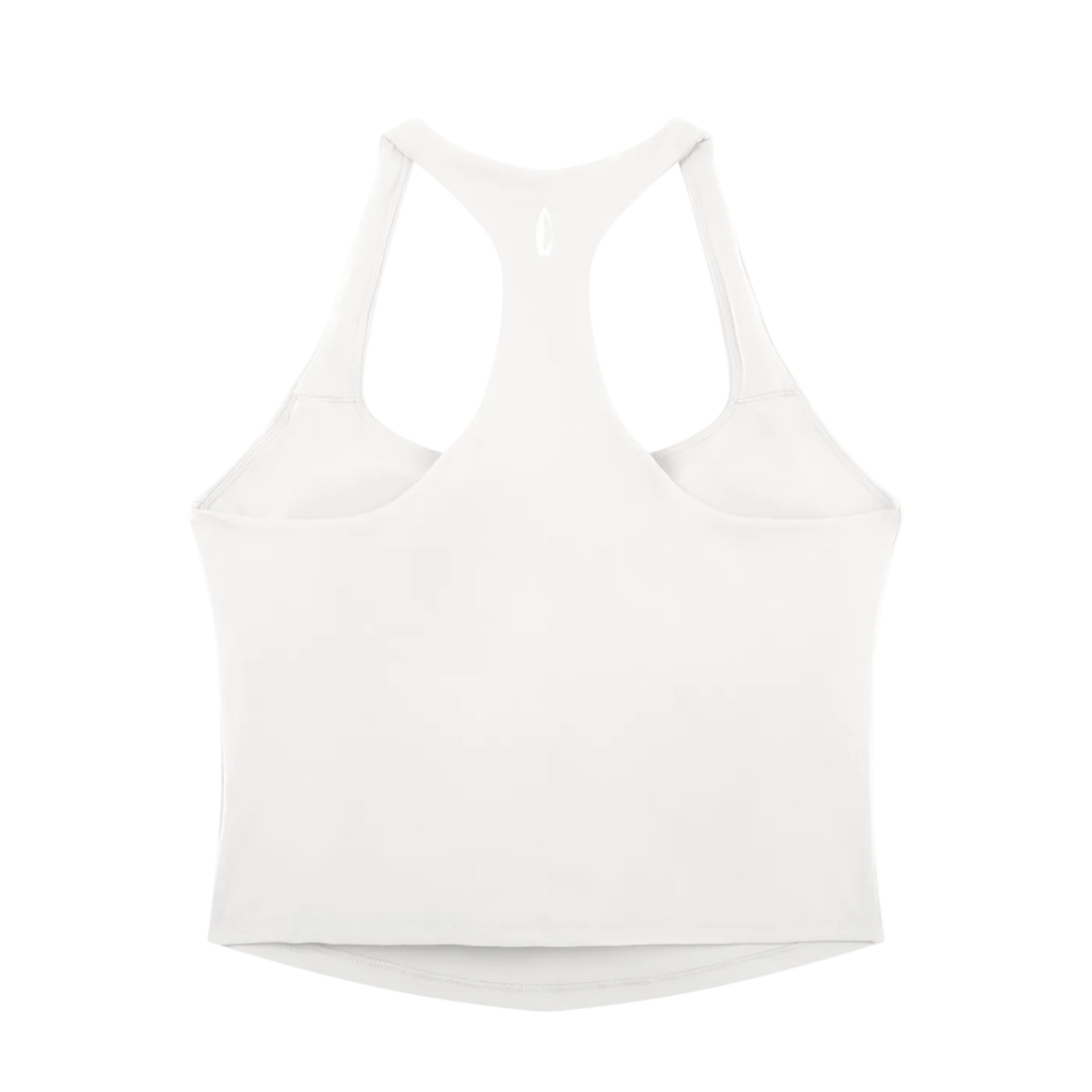 A white racerback tank top shown from the back, featuring a racerback-style open back design and a curved hem, photographed on a solid white background.