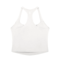 A white racerback tank top shown from the back, featuring a racerback-style open back design and a curved hem, photographed on a solid white background.