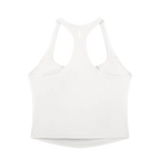 A white racerback tank top shown from the back, featuring a racerback-style open back design and a curved hem, photographed on a solid white background.