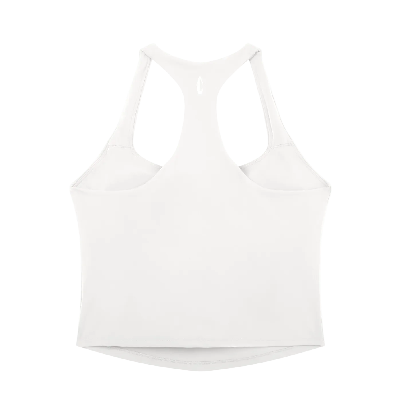 A white racerback tank top shown from the back, featuring a racerback-style open back design and a curved hem, photographed on a solid white background.