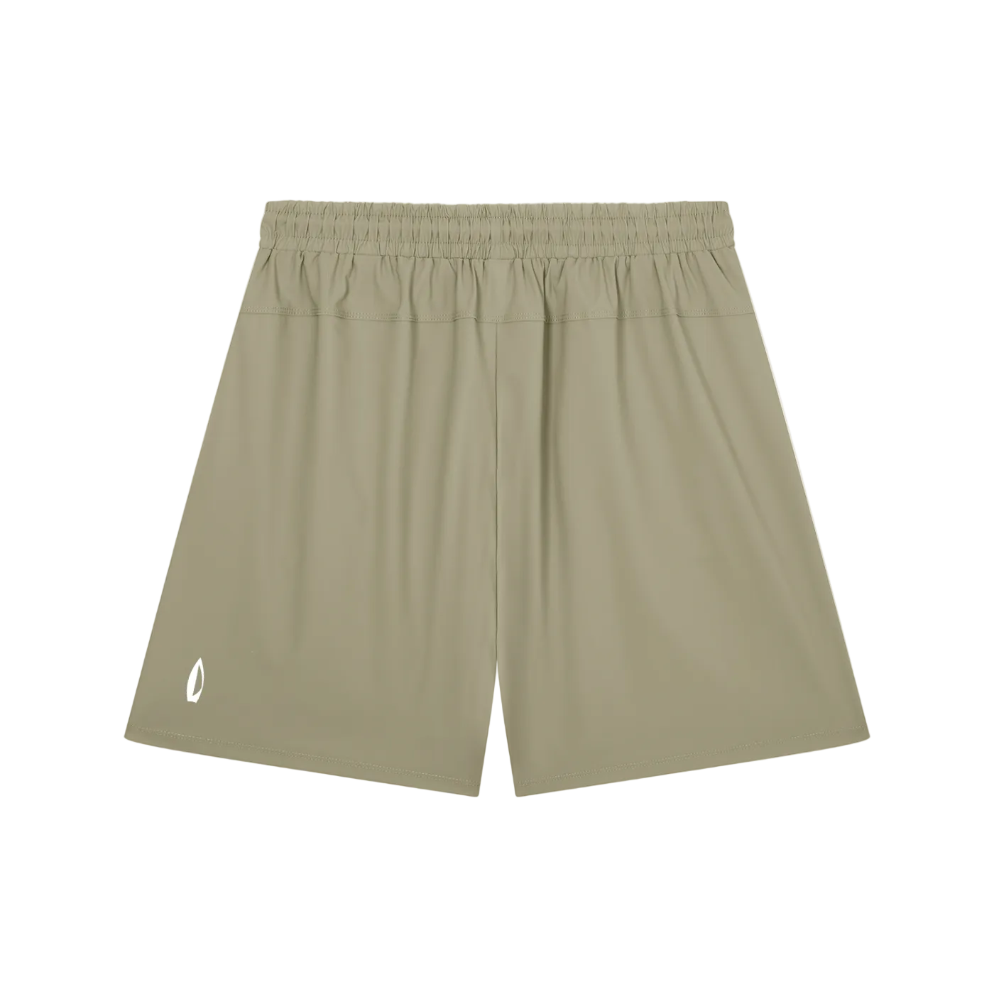 A pair of athletic shorts in a muted khaki or olive-tan color, featuring an elastic waistband and a small white logo on the lower left leg, displayed against a solid white background.