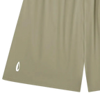 A pair of athletic shorts in a muted sage green color, featuring an elastic waistband and a small white logo on the lower left leg, displayed against a solid white background.
