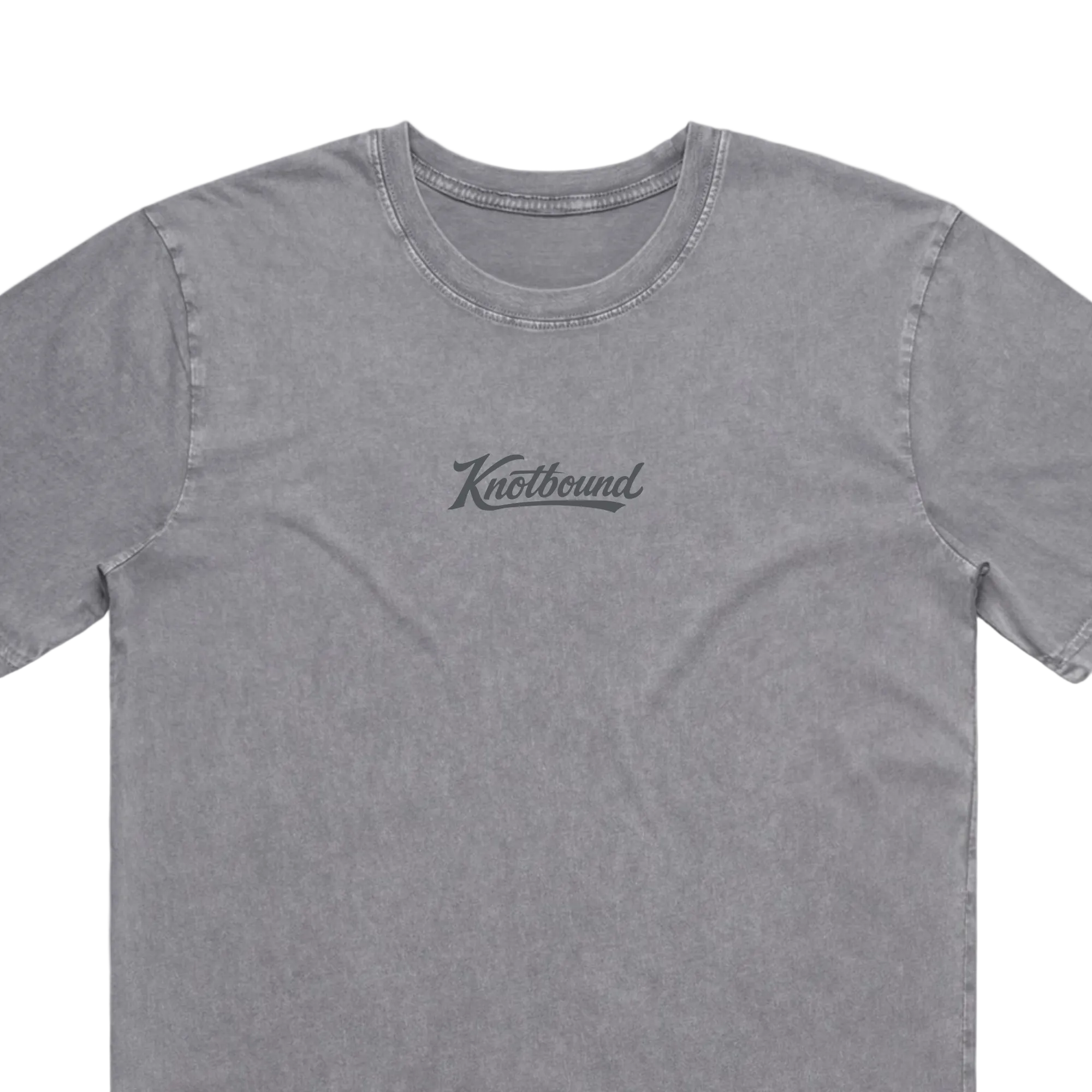 A gray short-sleeve crewneck t-shirt with a dark gray 'Knotbound' logo printed on the center chest, shown against a plain white background.