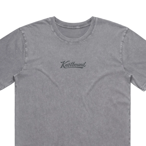 A gray short-sleeve crewneck t-shirt with a dark gray 'Knotbound' logo printed on the center chest, shown against a plain white background.
