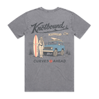 Back view of the Knotbound Curves Ahead Tee in grey stonewash, showing the winding road graphic print.